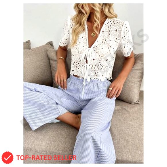 Boho Floral Lace V Neck Crop Top Tie Front Short Sleeve Blouse Chic - Picture 5 of 5